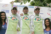 From left to right: second placed Mitja Mahoric of Slovenia (Perutnina Ptuj), winner Radoslav Rogina of Croatia (Perutnina Ptuj) and third placed Gregor Gazvoda of Slovenia (Perutnina Ptuj) at winning podium in the 2nd stage from Piran to Koper (179 km) of the 15th Tour de Slovenie. The race was held on 12th of June, 2008.
