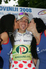 Mitja Mahoric of Slovenia (Perutnina Ptuj) in polka dot jersey as the best in mountain classification at winning podium in the 2nd stage from Piran to Koper (179 km) of the 15th Tour de Slovenie. The race was held on 12th of June, 2008.
