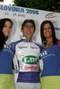 Claudio Cucinotta of Italia (LPR Brakes) in blue jersey as the best in points classification at winning podium in the 2nd stage from Piran to Koper (179 km) of the 15th Tour de Slovenie. The race was held on 12th of June, 2008.
