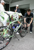 Preparing bike of Gregor Gazvoda of Slovenia (Perutnina Ptuj) before the start in the 3rd stage from Skofja Loka to Krvavec (110 km) of the 15th Tour de Slovenie. The race was held on 13th of June, 2008.
