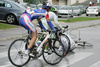 Fall of Nazareno Rossi of Switzerland (Serramenti PVC Diqugiovanni -Androni Giocattoli) behind him Kristjan Durasek of Croatia (Perutnina Ptuj) and Jure Zagar of Slovenia (Adria Mobil) during 3rd stage from Skofja Loka to Krvavec (110 km) of the 15th Tour de Slovenie. The race was held on 13th of June, 2008.
