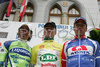 The best in general classification of the Tour de Slovenie 2008 (from left to right):    second placed Franco Pellizotti of Italia (Liquigas), winner Jure Golcer of Slovenia (LPR Brakes) and third placed Robert Kiserlovski of Croatia Adria Mobil) in 4th stage from Celje to Novo mesto (157 km) of the 15th Tour de Slovenie. The race was held on 14th of June, 2008.
