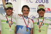 Category Elite from L to R: second placed Matej Stare (Perutnina Ptuj), winner and national champion Borut Bozic (Cycle Collstrop) and third placed Gregor Gazvoda (Perutnina Ptuj) at national championship of Slovenia, which was held in Mirna Pec. Race was 178,5 km long and it was held on 29th of June, 2008.
