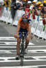 Denis Menchov (Rus, Rabobank) is arriving at finish as eighth at 15th stage from Embrun (FRA) to Prato Nevoso (ITA,  183 km) of Tour de France, 2008. The stage was held on 20th of July, 2008.
