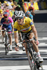 In yellow jersey Frank Schleck (Lux, CSC-Saxo Bank) at the finish of the 16th stage from Cuneo (ITA) to Jausiers  (FRA) of Tour de France. The stage was held on 22nd of July, 2008 and it was 157 km long.

