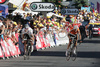 Third placed Andy Schleck (Lux, CSC-Saxo Bank) at left and second placed Samuel Sanchez (Spa, Euskaltel-Euskadi) at right sprinting to the finish of the 17th stage from Embrun to L Alpe-d Huez of Tour de France. The stage was held on 23rd of July, 2008 and it was 210,5 km long.
