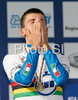 Winner Adriano Malori of Italy celebrating his medal won in U23 time trial race of UCI Road Cycling World Championships in Varese, Italy. U23 time trial of UCI Road cycling World Championships was held in Varese, Italy, on Tuesday 23rd of September 2008.
