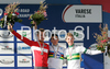 Winner Adriano Malori of Italy (M), second placed Patrick Gretsch of Germany (L) and third placed Cameron Meyer of Australia (R) celebrating their medals won in U23 time trial race of UCI Road Cycling World Championships in Varese, Italy. U23 time trial of UCI Road cycling World Championships was held in Varese, Italy, on Tuesday 23rd of September 2008.
