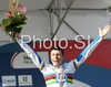 Winner Adriano Malori of Italy celebrating his medal won in U23 time trial race of UCI Road Cycling World Championships in Varese, Italy. U23 time trial of UCI Road cycling World Championships was held in Varese, Italy, on Tuesday 23rd of September 2008.
