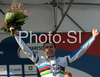 Winner Adriano Malori of Italy celebrating his medal won in U23 time trial race of UCI Road Cycling World Championships in Varese, Italy. U23 time trial of UCI Road cycling World Championships was held in Varese, Italy, on Tuesday 23rd of September 2008.
