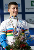 Winner Adriano Malori of Italy celebrating his medal won in U23 time trial race of UCI Road Cycling World Championships in Varese, Italy. U23 time trial of UCI Road cycling World Championships was held in Varese, Italy, on Tuesday 23rd of September 2008.

