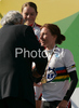 Winner Amber Neben of USA accepting rainbow jersey of World champion after Women elite time trial race of UCI Road Cycling World Championships in Varese, Italy. Women elite time trial of UCI Road cycling World Championships was held in Varese, Italy, on Wednesday 24th of September 2008.
