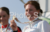 Winner Amber Neben of USA celebrating her medal won in Women elite time trial race of UCI Road Cycling World Championships in Varese, Italy. Women elite time trial of UCI Road cycling World Championships was held in Varese, Italy, on Wednesday 24th of September 2008.
