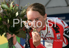 Second placed Christiane Soeder of Austria celebrating her medal won in Women elite time trial race of UCI Road Cycling World Championships in Varese, Italy. Women elite time trial of UCI Road cycling World Championships was held in Varese, Italy, on Wednesday 24th of September 2008.
