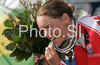 Second placed Christiane Soeder of Austria celebrating her medal won in Women elite time trial race of UCI Road Cycling World Championships in Varese, Italy. Women elite time trial of UCI Road cycling World Championships was held in Varese, Italy, on Wednesday 24th of September 2008.
