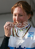 Winner Amber Neben of USA celebrating her medal won in Women elite time trial race of UCI Road Cycling World Championships in Varese, Italy. Women elite time trial of UCI Road cycling World Championships was held in Varese, Italy, on Wednesday 24th of September 2008.
