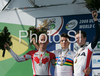 Winner Bert Grabsch of Germany (M), second placed Svein Tuft of Canada (L) and third placed David Zabriskie of USA (R) celebrating their medals won in Men elite time trial race of UCI Road Cycling World Championships in Varese, Italy. Men elite time trial of UCI Road cycling World Championships was held in Varese, Italy, on Thursday 25th of September 2008.
