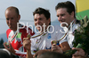Winner Bert Grabsch of Germany (M), second placed Svein Tuft of Canada (L) and third placed David
Zabriskie of USA (R) celebrating their medals won in Men elite time trial race of UCI Road Cycling World Championships in Varese, Italy. Men elite time trial of UCI Road cycling World Championships was held in Varese, Italy, on Thursday 25th of September 2008.
