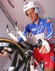 Jerome Coppel of France geting ready for his ride in Elite Men time trial race of UCI Road Cycling World Championships in Varese, Italy. Elite Men time trial of UCI Road cycling World Championships was held in Varese, Italy, on Thursday 25th of September 2008.
