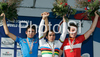 Winner Fabio Andres Duarte Arevalo of Colombia (M), second placed Simone Ponzi of Italy (L), and third placed John Degenkolb of Germany (R) celebrate their medals won in Men U23 road race of UCI Road Cycling World Championships in Varese, Italy. Men U23 road race of UCI Road cycling World Championships was held in Varese, Italy, on Friday 26th of September 2008.
