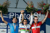 Winner Fabio Andres Duarte Arevalo of Colombia (M), second placed Simone Ponzi of Italy (L) and third placed John Degenkolb of Germany (R) celebrate their medals won in Men U23 road race of UCI Road Cycling World Championships in Varese, Italy. Men U23 road race of UCI Road cycling World Championships was held in Varese, Italy, on Friday 26th of September 2008.
