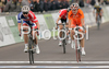 Winner Nicole Cooke of Great Britain (L) outsprints second placed Marianne Vos of Netherlands (M) and third placed Judith Arndt of Germany (R) in finish of Women elite road race of UCI Road Cycling World Championships in Varese, Italy. Women Elite road race of UCI Road cycling World Championships was held in Varese, Italy, on Saturday 27th of September 2008.
