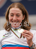 Winner Nicole Cooke of Great Britain celebrates her medal won in Women elite road race of UCI Road Cycling World Championships in Varese, Italy. Women Elite road race of UCI Road cycling World Championships was held in Varese, Italy, on Saturday 27th of September 2008.
