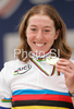  celebrates her medal won in Women elite road race of UCI Road Cycling World Championships in Varese, Italy. Women Elite road race of UCI Road cycling World Championships was held in Varese, Italy, on Saturday 27th of September 2008.

