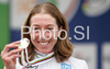 Winner Nicole Cooke of Great Britain celebrates her medal won in Women elite road race of UCI Road Cycling World Championships in Varese, Italy. Women Elite road race of UCI Road cycling World Championships was held in Varese, Italy, on Saturday 27th of September 2008.
