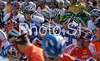 Matti Helminen of Finland (L) and Kjell Carlstrom of Finland (R) on start of Men elite road race of UCI Road Cycling World Championships in Varese, Italy. Men Elite road race of UCI Road cycling World Championships was held in Varese, Italy, on Sunday 28th of September 2008.
