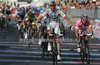 Winner Alessandro Petacchi of Italy (LPR Brakes - Farnese Vini) (L) and Mark Cavendish of Great Britain (Team Columbia Highroad) (R) in the finish sprint during second stage of 92nd Giro d Italia. Second stage of 92nd Giro d Italia in length of 156km was held on 10th of May 2009, and was leading riders from Venezia, Italy, to Trieste, Italy.
