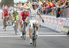 Winner Danilo Di Luca of Italy (LPR Brakes - Farnese Vini) celebrates his victory in fourth stage of 92nd Giro d Italia. Fourth stage of 92nd Giro d Italia in length of 162km was held on 12th of May 2009, and was leading riders from  Padova, Italy to San Martino di Castrozza, Italy.
