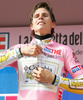 New leader in general classification Thomas Lovkvist of Sweden (Team Columbia - Highroad) celebrates his pink jersey after fourth stage of 92nd Giro d Italia. Fourth stage of 92nd Giro d Italia in length of 162km was held on 12th of May 2009, and was leading riders from  Padova, Italy to San Martino di Castrozza, Italy.
