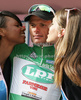 Danilo Di Luca of Italy (LPR Brakes - Farnese Vini) in green jersey after fourth stage of 92nd Giro d Italia. Fourth stage of 92nd Giro d Italia in length of 162km was held on 12th of May 2009, and was leading riders from  Padova, Italy to San Martino di Castrozza, Italy.
