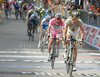 Michael Rogers of Australia (Team Columbia - Highroad) and behind him Danilo Di Luca of Italy (LPR Brakes - Farnese Vini) in finish of sixth stage of 92nd Giro d Italia. Sixth stage of 92nd Giro d Italia in length of 248km was held on 14th of May 2009, and was leading riders from Bressanone, Italy to Mayrhofen im Zillertal, Austria.
