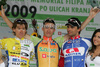 From L to R: third placed Yauhen Sobal of Belarus (Centri della calzatura), winner Gasper Svab of Slovenia (Sava Kranj) and second placed Robert Vrecer of Slovenia (Adria Mobil) at the flower ceremony of 42. Grand prix Kranj / Memorial of Filip Majcen. The race was 160 km long and was held on Saturday, 30th of May 2009, in Kranj, Slovenia.
