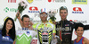 From L to R: second placed Grega Bole of Slovenia (Slovenian national team), winner Giovanni Visconti of Italy (ISD) and third placed Jure Kocjan of Slovenia (Carmiooro A Style) at the flower ceremony of the second stage of Tour de Slovenie 2009 from Kamnik to Ljubljana (Ljubljana castle). The second stage was 143 km long and it was held on Friday, 19th of June, 2009.
