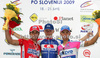 From L to R: second placed Luca Paolini of Italy (Acqua & Sapone Caffe Mokambo), winner Marko Kump of Slovenia (Adria Mobil) and third placed Marco Bandiera of Italy (Lampre NGC) at the flower ceremony of the fourth stage of Tour de Slovenie 2009 from Sentjernej to Novo mesto. The fourth stage was 153 km long and it was held on Sunday, 21st of June, 2009.
