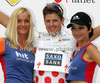 Jakob Fuglsang of Denmark (Team Saxo Bank) in polka dot jersey as the best cyclist in mountain classification at the flower ceremony of the fourth stage of Tour de Slovenie 2009 from Sentjernej to Novo mesto. The fourth stage was 153 km long and it was held on Sunday, 21st of June, 2009.
