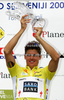 Jakob Fuglsang of Denmark (Team Saxo Bank) in yellow jersey as the best rider in general classification at the flower ceremony of the fourth stage of Tour de Slovenie 2009 from Sentjernej to Novo mesto. The fourth stage was 153 km long and it was held on Sunday, 21st of June, 2009.
