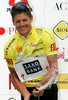 Jakob Fuglsang of Denmark (Team Saxo Bank) in yellow jersey as the best rider in general classification at the flower ceremony of the fourth stage of Tour de Slovenie 2009 from Sentjernej to Novo mesto. The fourth stage was 153 km long and it was held on Sunday, 21st of June, 2009.
