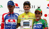 The best three in general classification (from L to R): second placed Tomaz Nose of Slovenia (Adria Mobil) , winner Jakob Fuglsang of Denmark (Team Saxo Bank) and third placed Domenico Pozzovivo of Italy (CSF Group Navigare) at the flower ceremony of the fourth stage of Tour de Slovenie 2009 from Sentjernej to Novo mesto. The fourth stage was 153 km long and it was held on Sunday, 21st of June, 2009.
