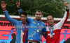 From L to R: third placed Tomas Slavik of Czech, winner and European champion Michal Prokop of Czech and second placed Roger Rinderknecht of Switzerland in the category Men at the flower ceremony of the European 4X championship in Crn Trn at Ajdovscina, Slovenija. The European championship in 4X (4-cross) was held on Saturday, 27th of June, 2009 in Ajdovscina, Slovenija.
