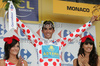 Alberto Contador Velasco of Spain (Astana) in red dot polka jersey at the flower ceremony after the individual time trial in the first stage of Tour de France (15,5 km).  The individual time trial was held on Saturday, 4th of july in Monaco.  <br> 
