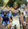 Winner Mark Cavendish of Great Britain (Team Columbia High Road) finishing the second stage of Tour de France from Monaco to Brignoles (187 km).  The second stage was held on Sunday, 5th of July.  <br> 
