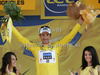 Fabian Cancellara of Switzerland (Team Saxo Bank)in yellow jersey as the best rider in general classification at the flower ceremony of the second stage of Tour de France from Monaco to Brignoles (187 km).  The second stage was held on Sunday, 5th of July.  <br> 
