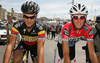 Tom Boonen of Belgium (Quick Step) and Andy Schleck of Luxembourg (Team Saxo Bank) before the start of the third stage of Tour de France from Marseille to Le Grande Motte (196,5 km).  The third stage was held on Monday, 6th of July.  <br> 
