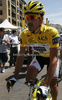 Seriously Fabian Cancellara of Switzerland (Team Saxo Bank) before the start of the third stage of Tour de France from Marseille to Le Grande Motte (196,5 km).  The third stage was held on Monday, 6th of July.  <br> 
