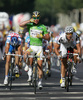 Winner Mark Cavendish of Great Britain (Team Columbia High Road) finishing the third stage of Tour de France from Marseille to Le Grande Motte (196,5 km).  The third stage was held on Monday, 6th of July.  <br> 
