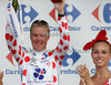Jussi Veikkanen of Finland (Francaise des Jeux) in polka dot jersey as the best rider in mountain classification at the flower ceremony of the third stage of Tour de France from Marseille to Le Grande Motte (196,5 km).  The third stage was held on Monday, 6th of July.  <br> 
